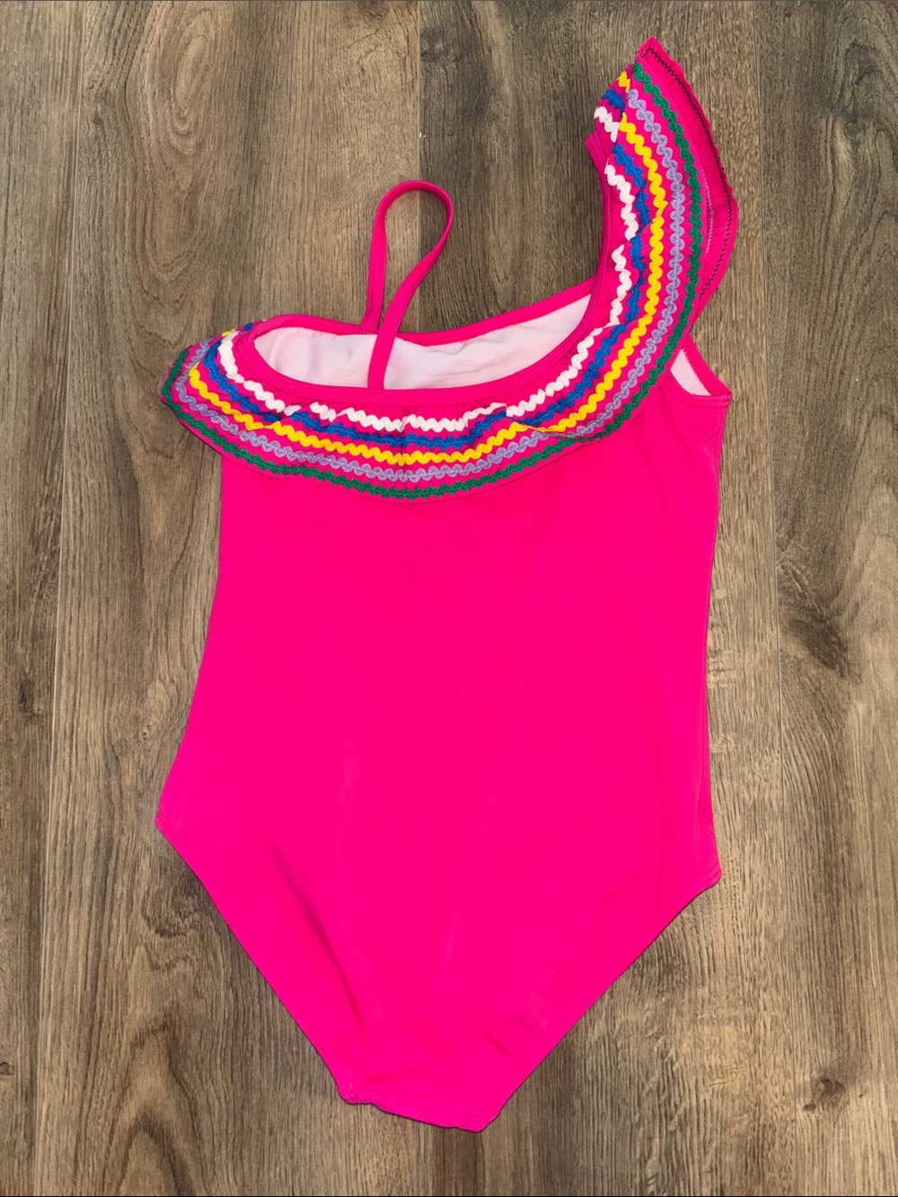 Mini Boden Girls One-Shoulder Pink One-Piece Swimsuit with Multicolor Trim - Picture 2 of 4